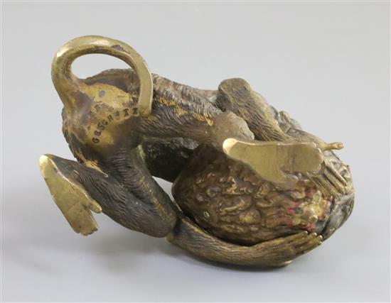 A late 19th century Franz Bergman cold painted bronze model of a monkey holding a walnut shell, 5in.